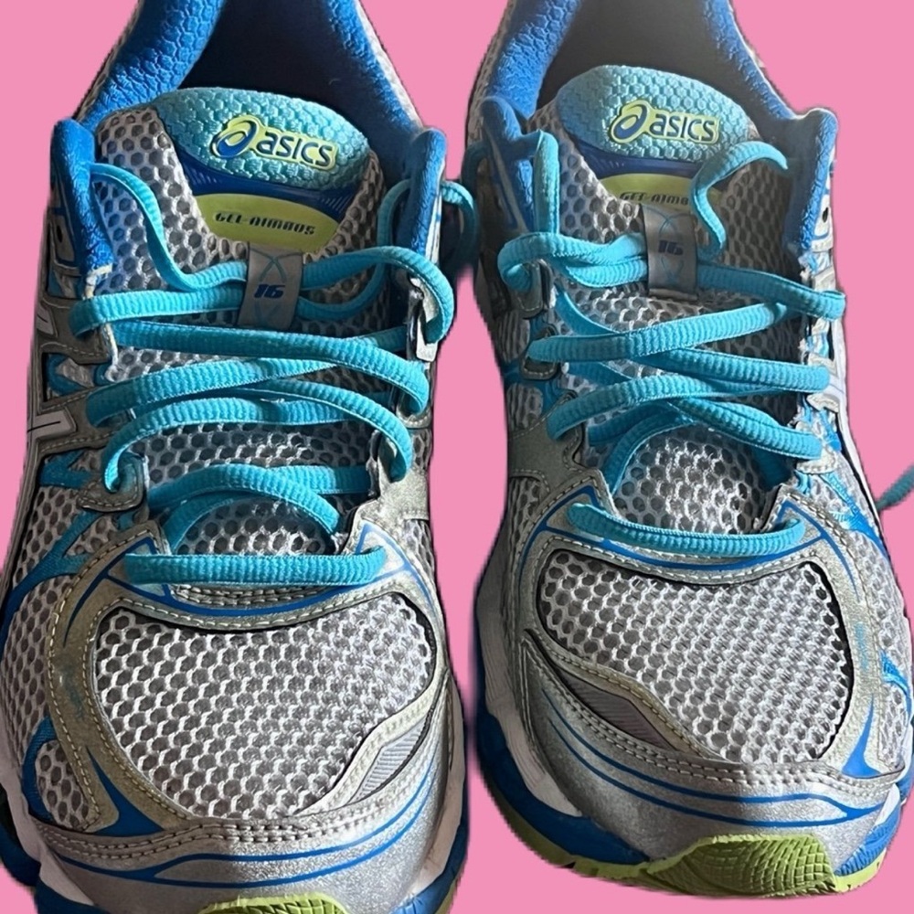 ASICS WOMENS GEL-NIMBUS 16 RUNNING SHOES BLUE/LIME GREEN SIZE 8 1/2